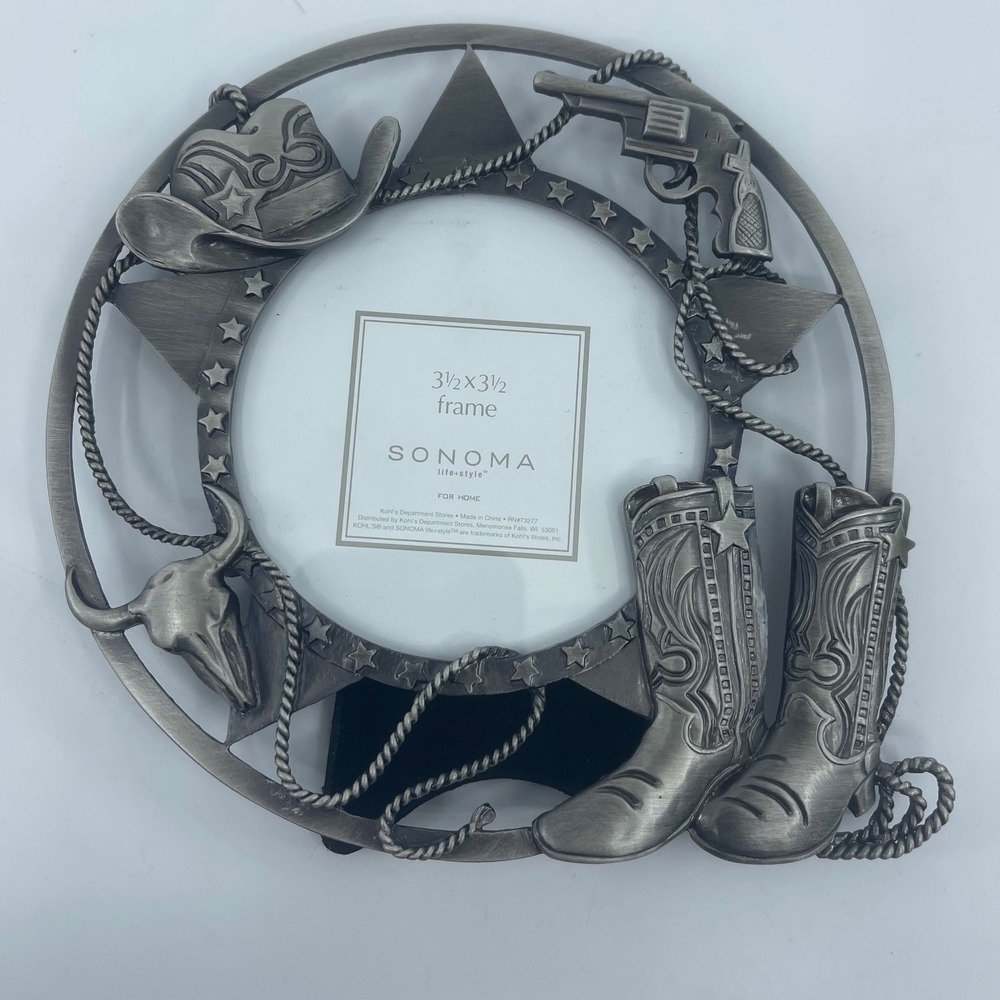 Sonoma Pewter Western Cowboy Boots‎ Hat Pistol Photo Frame 3.5x3.5